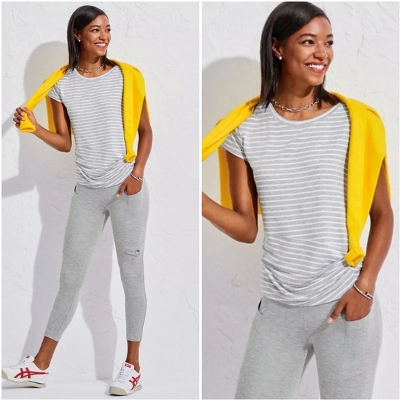 CABI ShortSleeve 'meet up tee' grey white stripe gathered waist - Picture 1 of 9